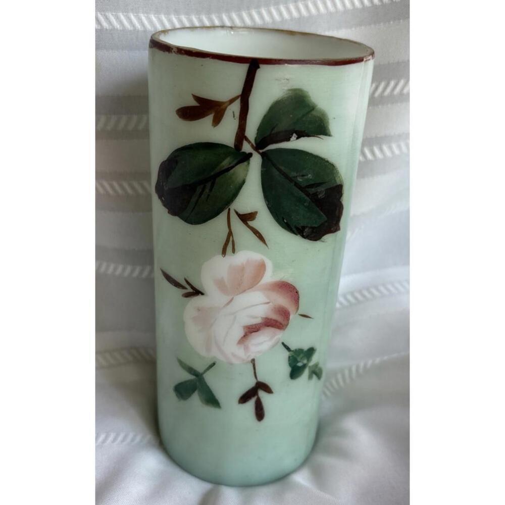 Antique Hand Painted Porcelain Vase White Pink Rose Green Background 8”